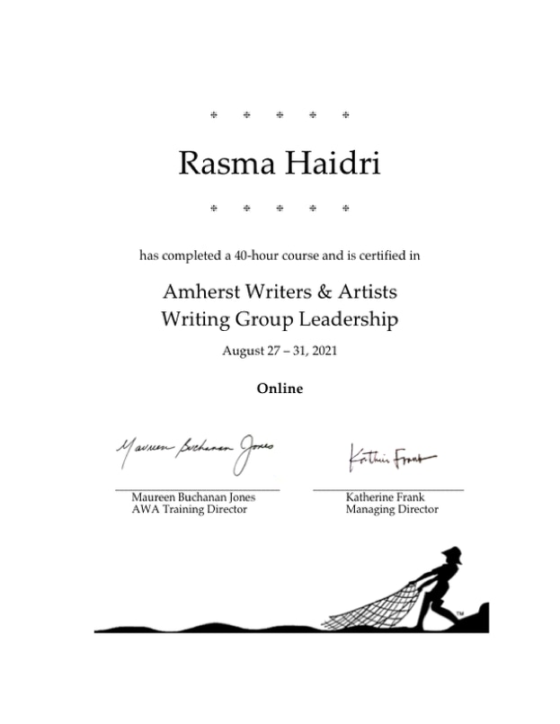 documented certification in Amherst Writers Association